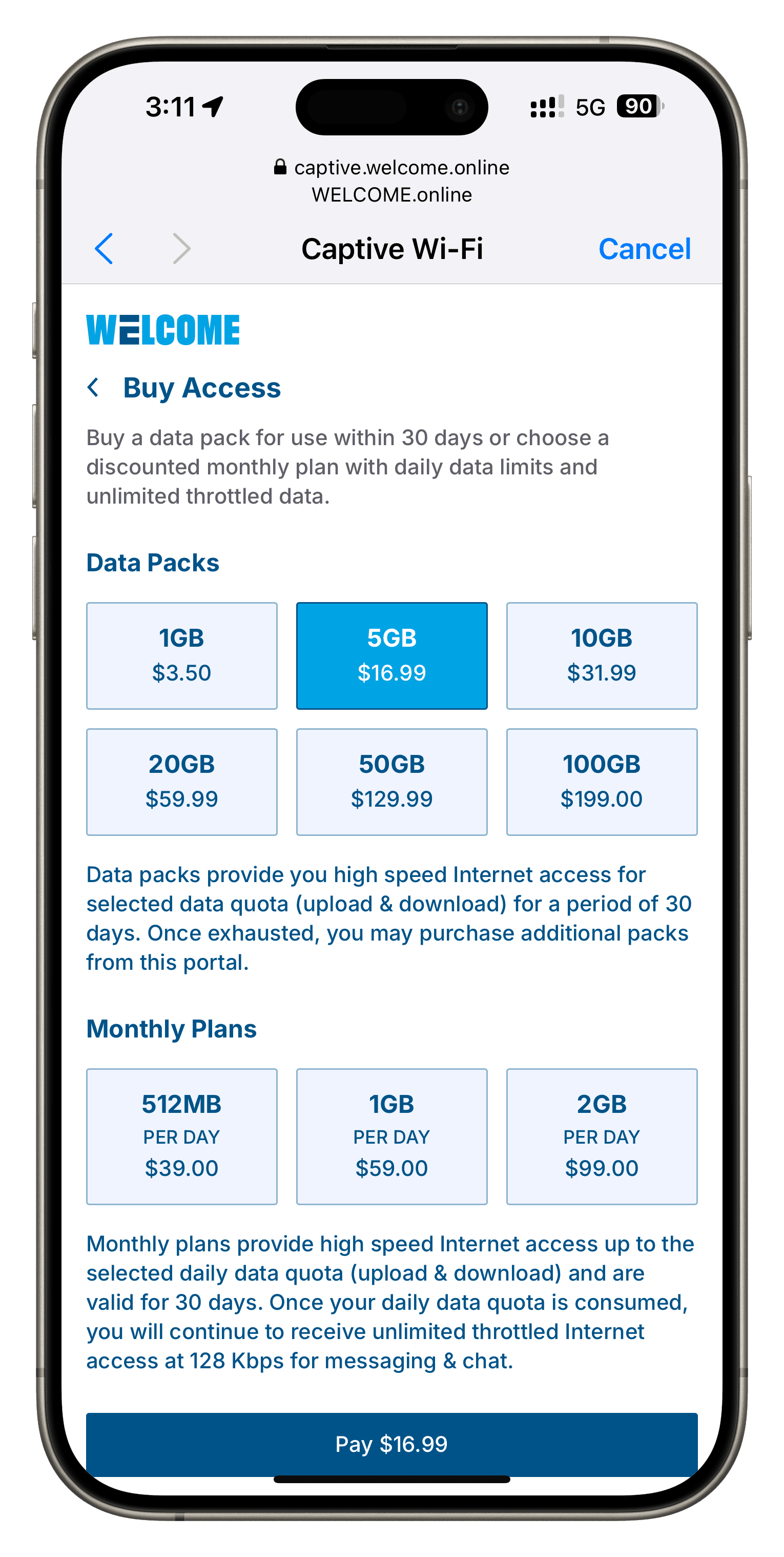 WELCOME captive portal screenshot