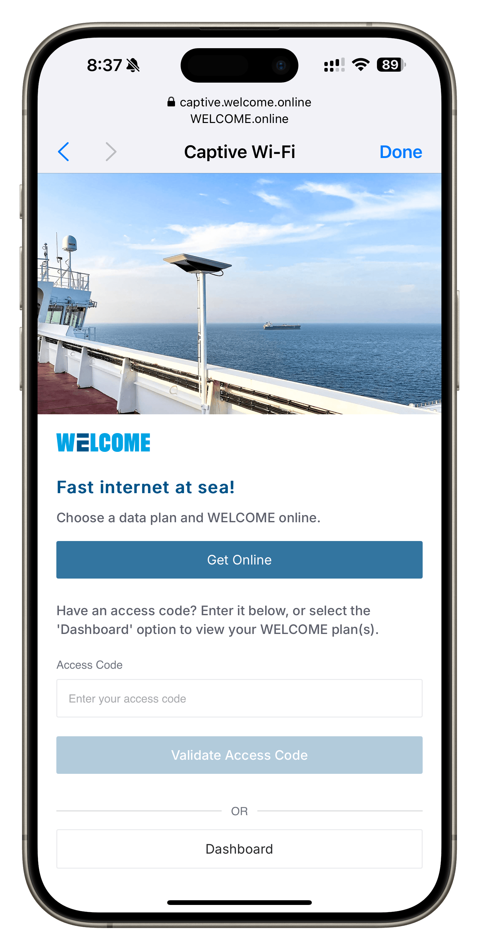 WELCOME captive portal screenshot