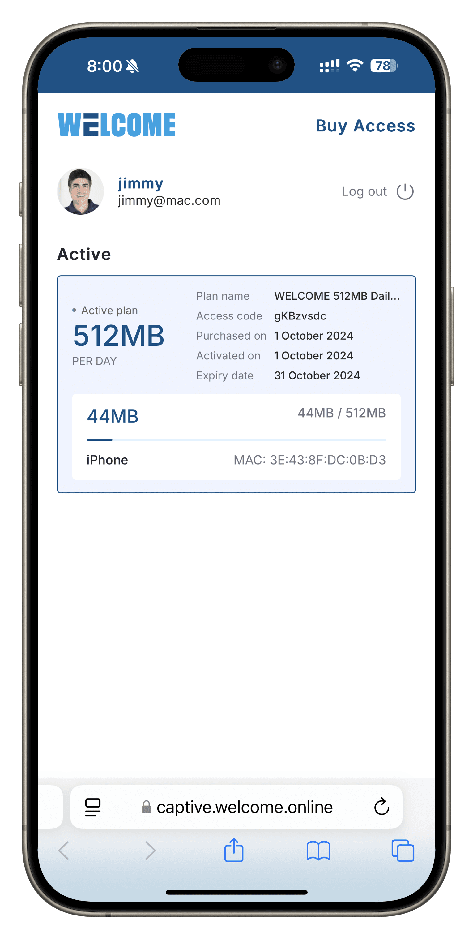 WELCOME captive portal screenshot