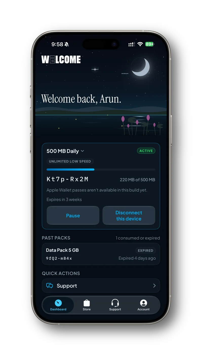 WELCOME app at night: active daily plan with usage remaining