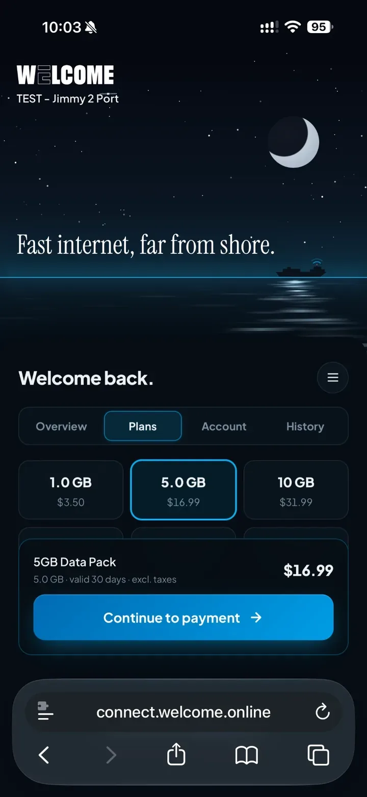WELCOME guest portal showing prepaid data packs
